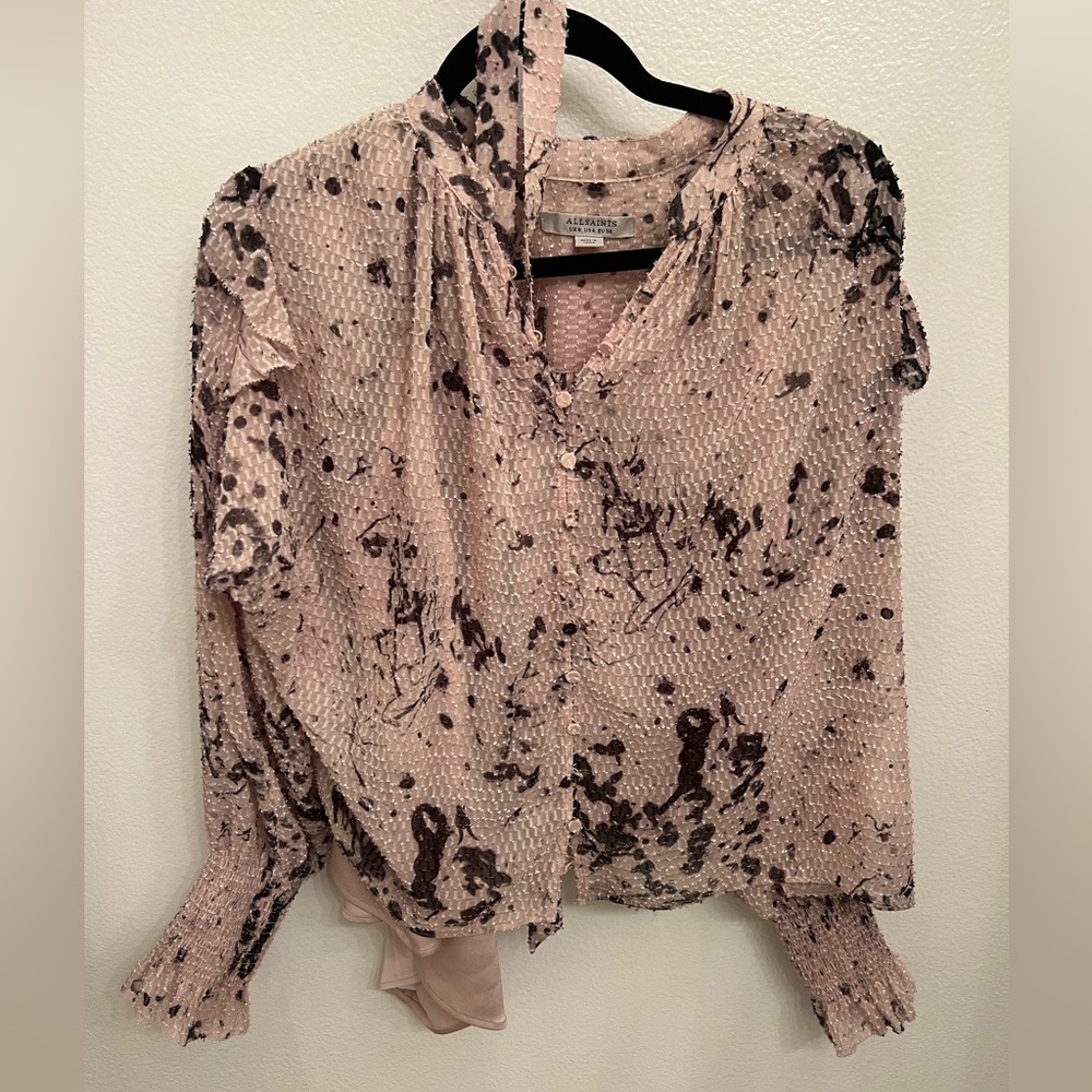 All Saints Splatter Print Ruffle Blouse - Size 4 - Picture 4 of 5